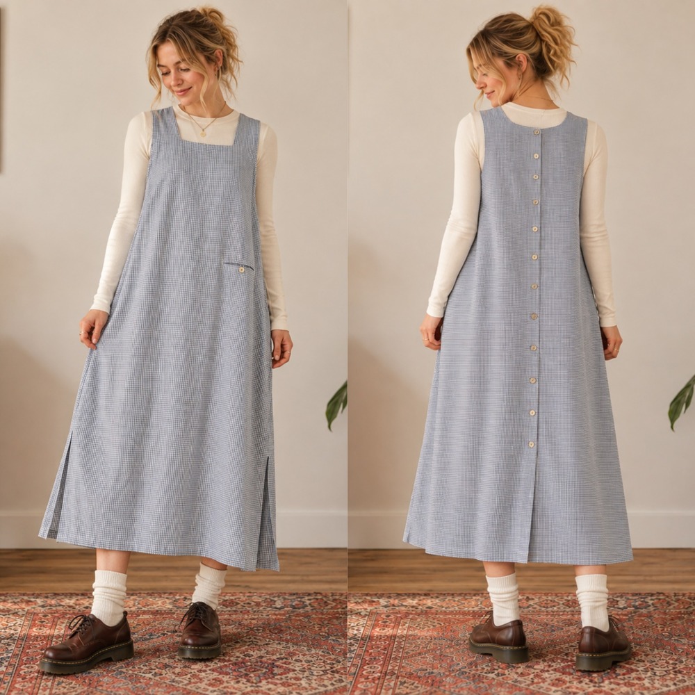 Vtg Christopher Banks Blue Gingham Jumper Midi Dress Large Cottagecore Prairie